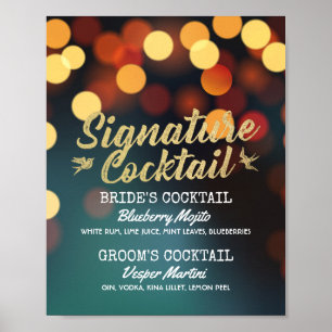 Teal Gold Bokeh Light Wedding Signature Drink Menu Poster