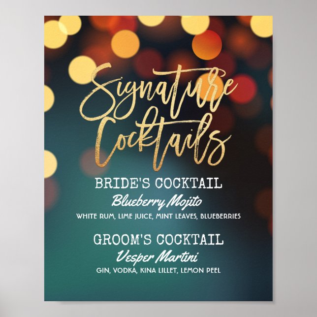 Teal Gold Bokeh Light Wedding Signature Drink Menu Poster (Front)