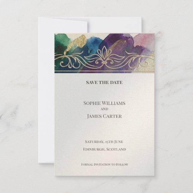 Teal Gold Botanical Save The Date Card (Front)