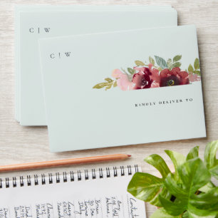 Teal Gold Burgundy Floral Teacup Monogram Address  Envelope