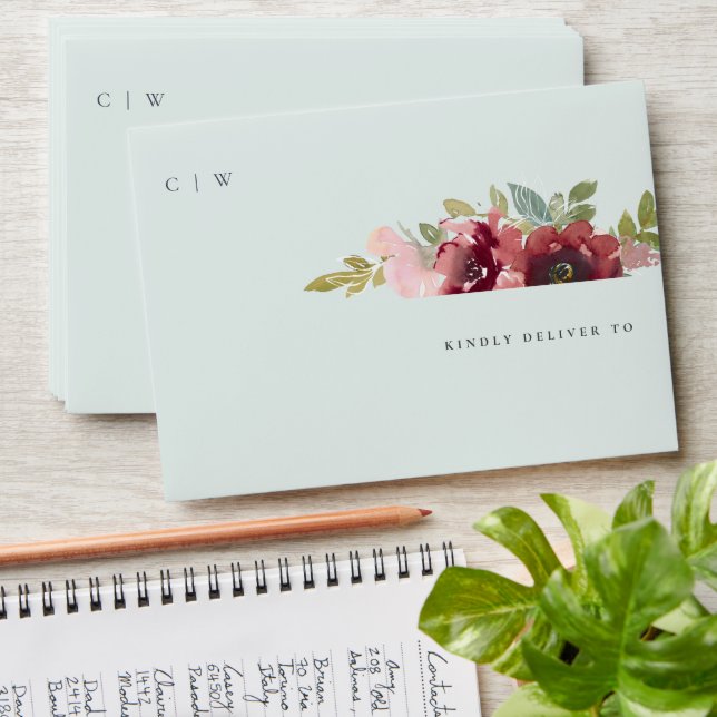 Teal Gold Burgundy Floral Teacup Monogram Address  Envelope (Stacked)