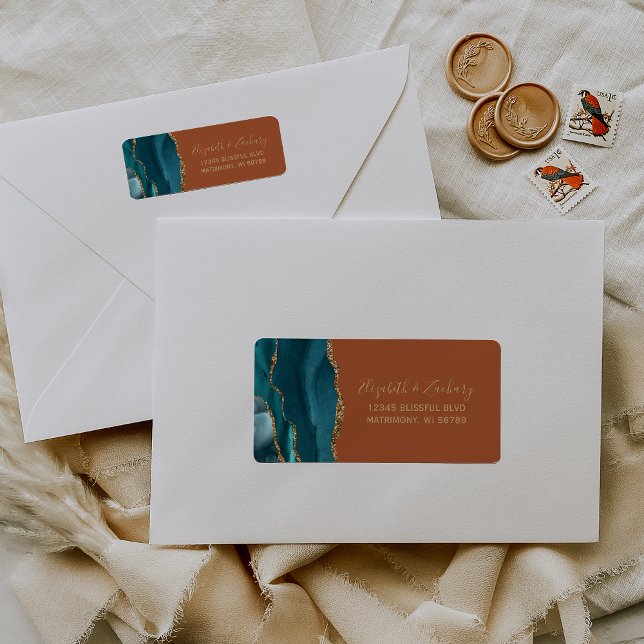 Teal Gold Burnt Orange Rust Wedding Return Address (Creator Uploaded)