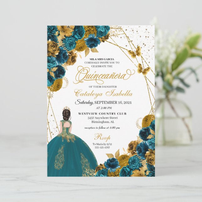 Teal & Gold Butterfly Princess Quinceanera Invitation (Standing Front)