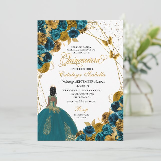 Teal & Gold Butterfly Princess Quinceanera Invitation (Standing Front)