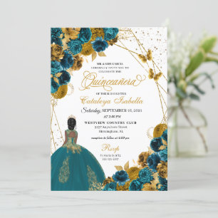 Teal & Gold Butterfly Princess Quinceanera Invitation