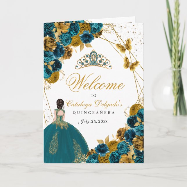 Teal & Gold Butterfly Quinceanera Program Invitation (Front)