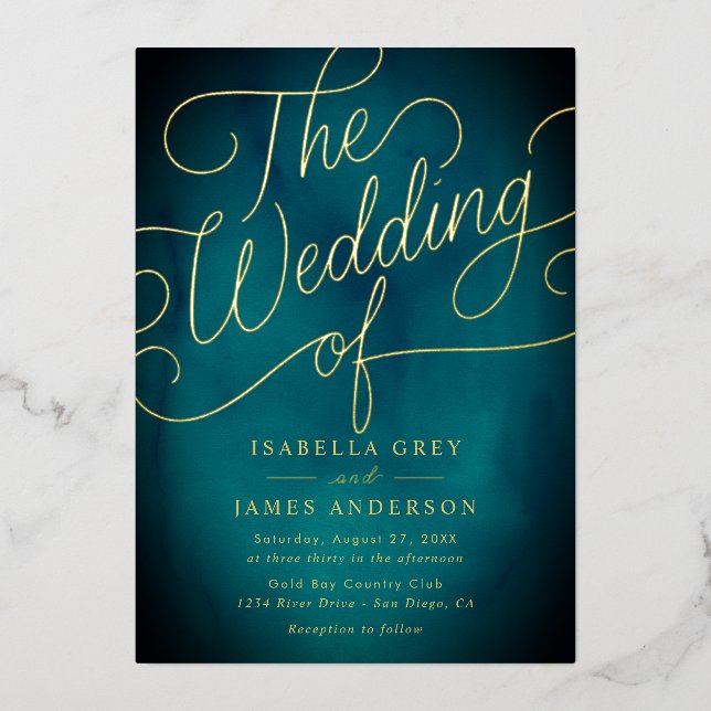 Teal Gold Calligraphy Script Wedding  (Front)