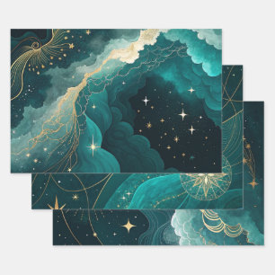 Teal Gold Celestial Floral Marble Abstract Design Wrapping Paper Sheet