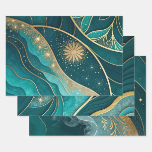 Teal Gold Celestial Floral Marble Abstract Design Wrapping Paper Sheet