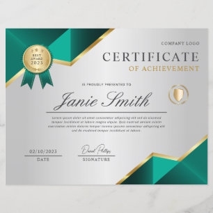 Teal & Gold Certificate Of Achievement Award