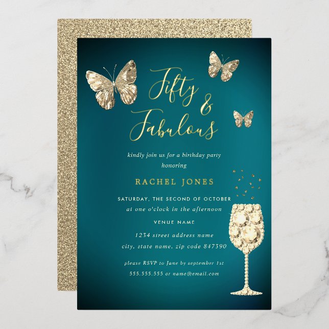 Teal Gold Champagne 50 & Fabulous Birthday (Front/Back)