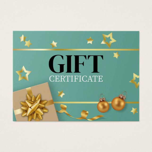 Teal Gold Christmas Ball Stars Ribbon Gift Card (Front)