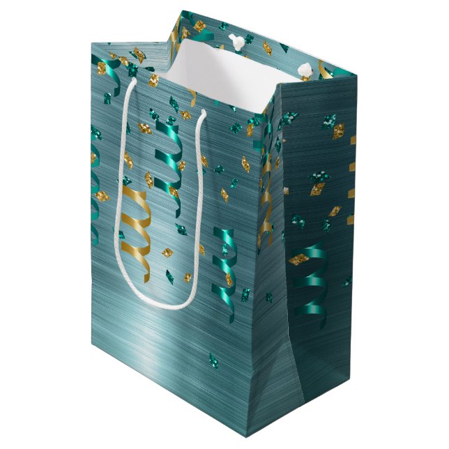 Teal Gold Confetti Birthday Medium Gift Bag (Front Angled)