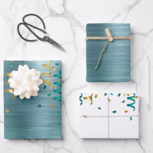 Teal Gold Confetti Birthday Wrapping Paper Sheet