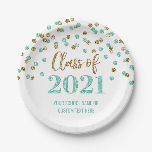 Teal Gold Confetti Graduation 2021 Paper Plate (Front)