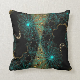 Teal & Gold Contrast Fractal Web Swirl Cushion