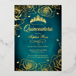 Teal Gold Crown Roses Theme Quinceanera 