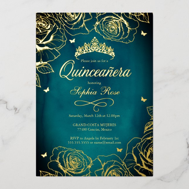 Teal Gold Crown Roses Theme Quinceanera  (Front)