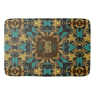 Teal Gold Damask Esque Pattern Monogram Bath Mat