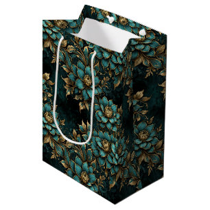 Teal & Gold Dark Grunge Flowers  Medium Gift Bag
