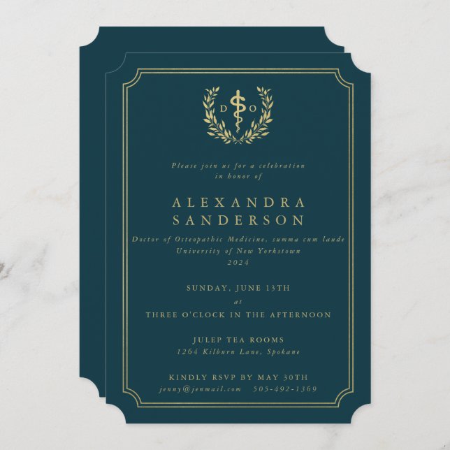 Teal/Gold Doctor of Osteopathic Medicine Grad Invitation (Front/Back)