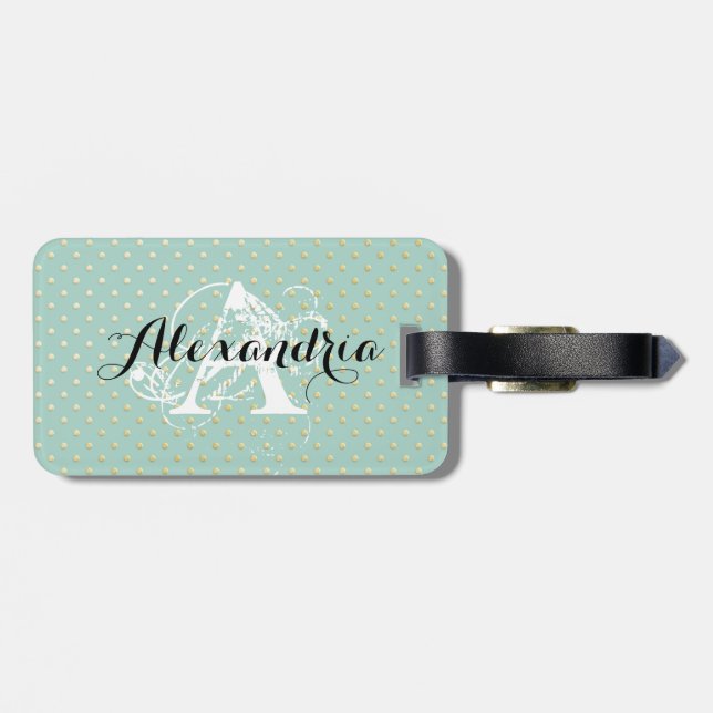 Teal Gold Dots Monogram Luggage Tag (Back Horizontal)