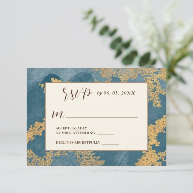 Teal Gold Elegant Abstract Watercolor Wedding  RSVP Card (Standing Front)