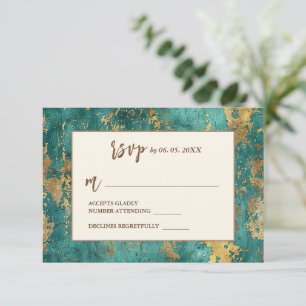 Teal Gold Elegant Abstract Watercolor Wedding RSVP Card
