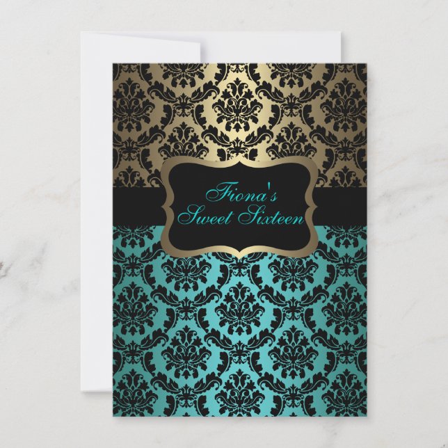 Teal & Gold Elegant Damask Birthday Invite (Front)