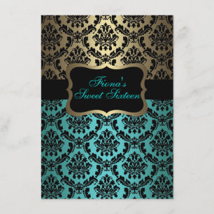 Teal & Gold Elegant Damask Birthday Invite