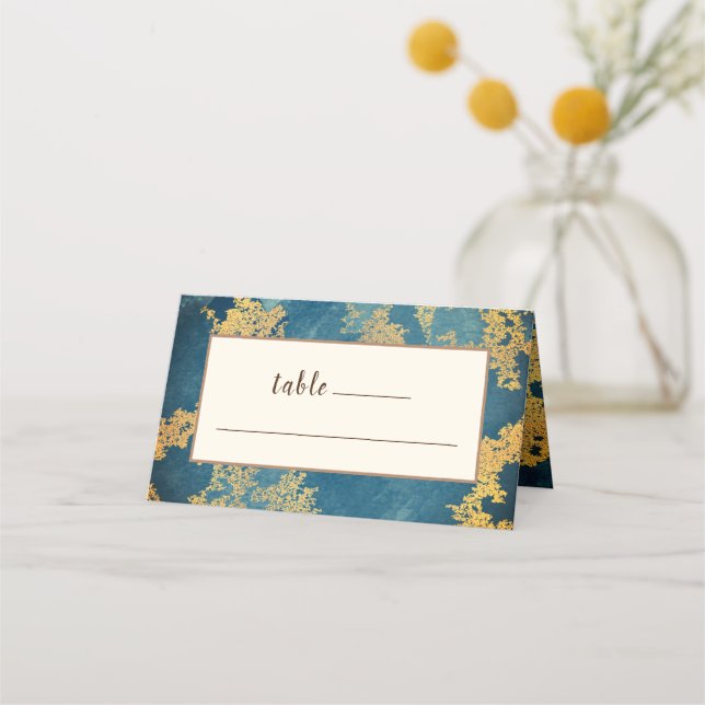 Teal Gold Elegant Modern Art Wedding Place Card (Front)
