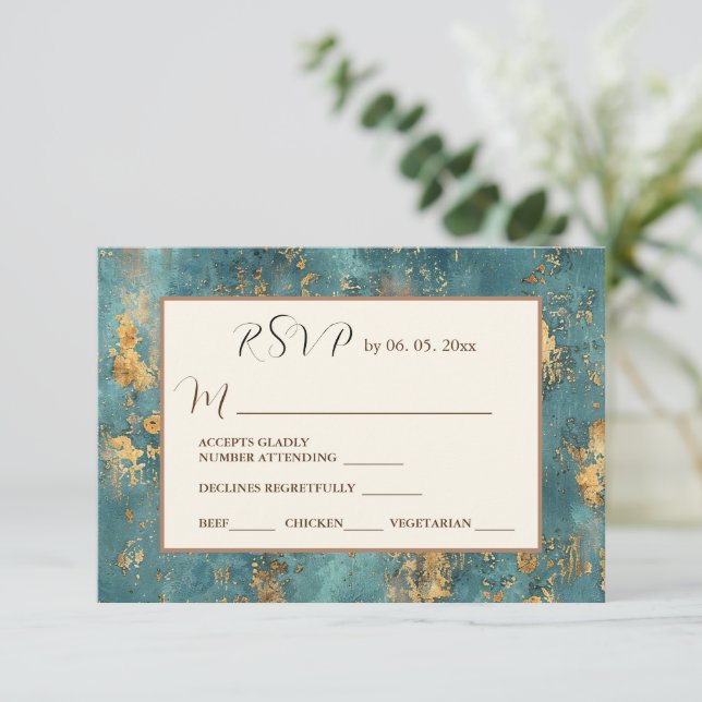 Teal Gold Elegant Modern Art Wedding  RSVP Card (Standing Front)