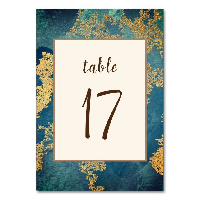 Teal Gold Elegant Modern Art Wedding Table Number (Front)