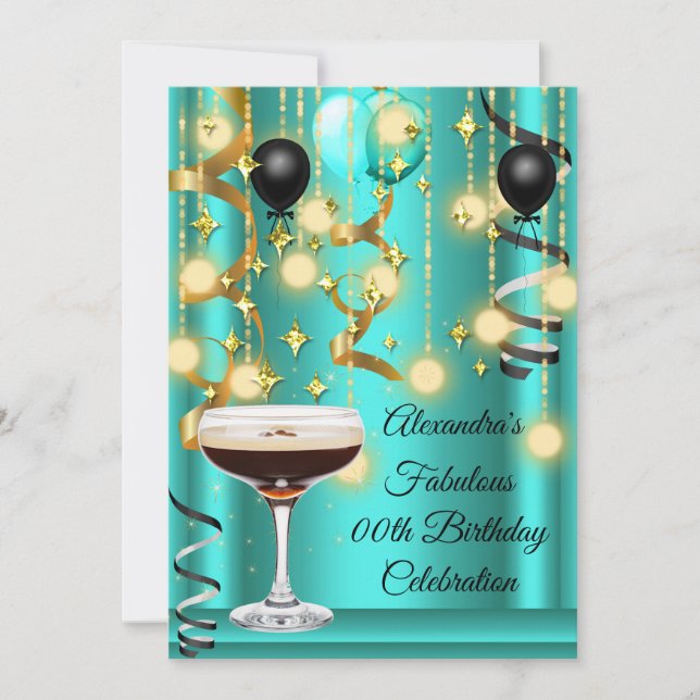 Teal Gold Espresso Martini Cocktail Party Invite (Front)