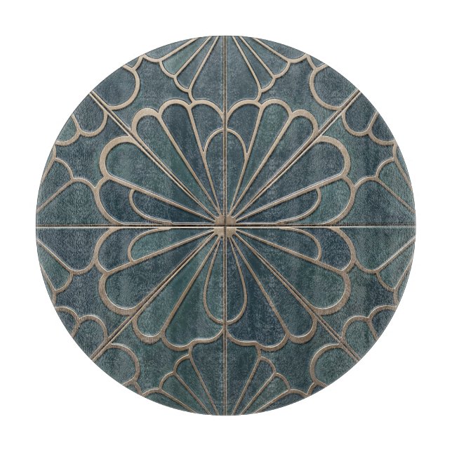 Teal Gold Fan Pattern Art Deco Geometric Cutting Board (Front)