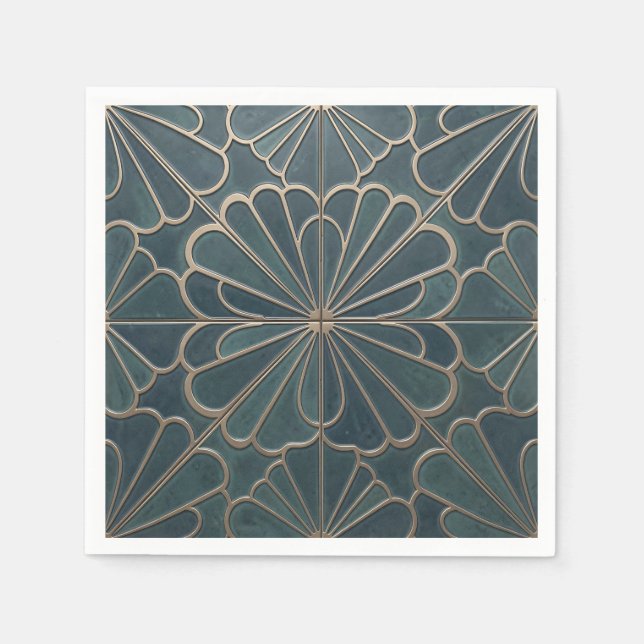Teal Gold Fan Pattern Art Deco Geometric Napkin (Front)