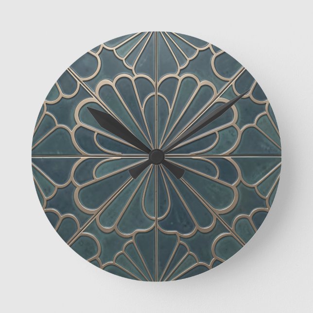 Teal Gold Fan Pattern Art Deco Geometric Round Clock (Front)