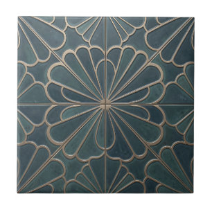 Teal Gold Fan Pattern Art Deco Geometric Tile