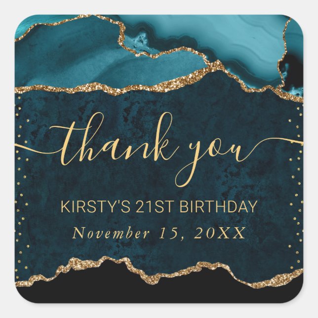 Teal & Gold Faux Glitter Agate Marble Birthday Square Sticker (Front)