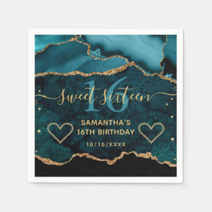 Teal & Gold Faux Glitter Agate Marble Sweet 16 Napkin