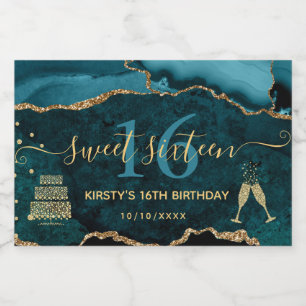 Teal & Gold Faux Glitter Agate Marble Sweet 16 Sparkling Wine Label