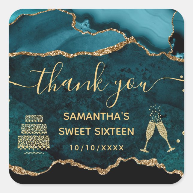 Teal & Gold Faux Glitter Agate Marble Sweet 16 Square Sticker (Front)