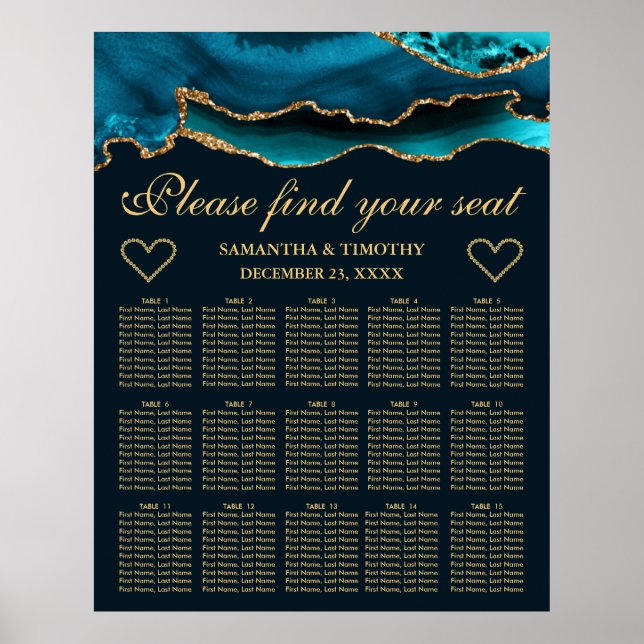 Teal Gold Faux Glitter Agate Wedding Seating Chart (Front)