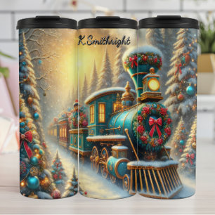 Teal Gold Festive Train Snowy Forest Thermal Tumbler