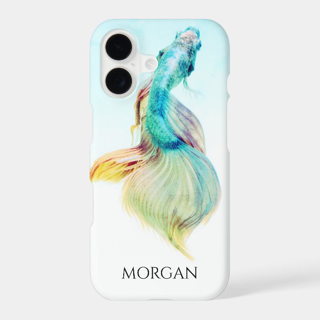 Teal & Gold Fish or Your Photo, DIY Black Name iPhone Case (Back)
