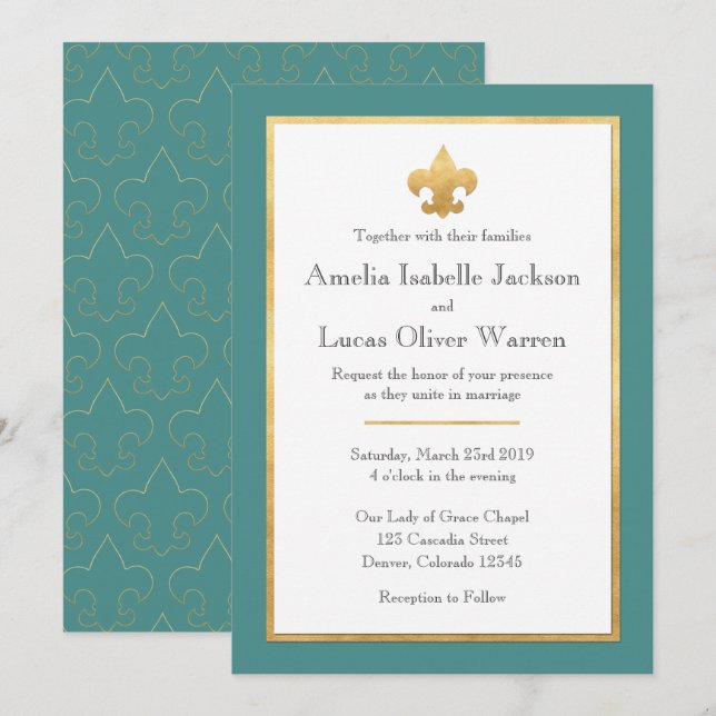 Teal & Gold Fleur De Lis Wedding Invitation (Front/Back)