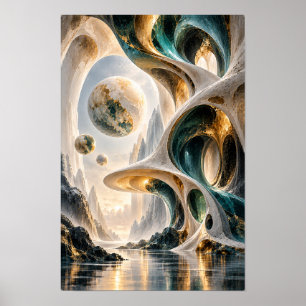 Teal Gold Floating Spheres Organic Architecture Su Poster