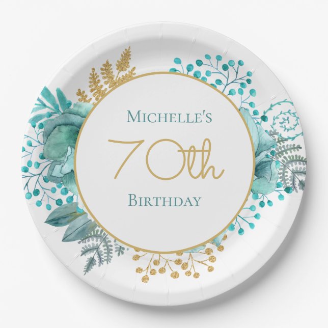 Teal Gold Floral 70th Birthday   Paper Plate (Front)