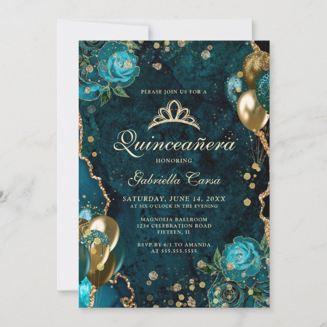 Teal Gold Floral Agate Photo Quinceanera  Invitation (Front)