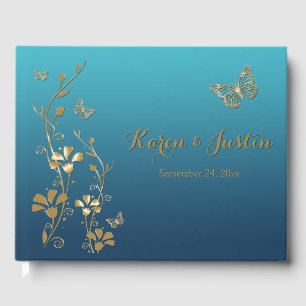Teal, Gold Floral, Butterflies Wedding Guestbook